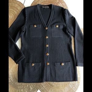 St. John Basics Ribbed Black Knit Cardigan Button Sweater Top